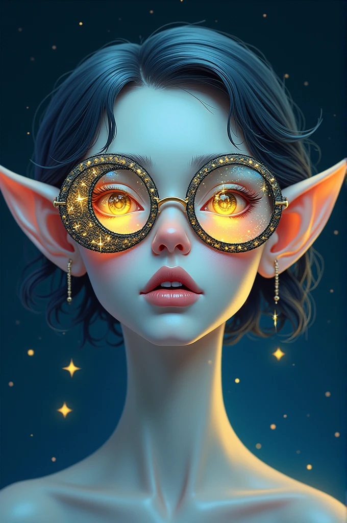 Model wearing glass sunglasses,There are stars and moon on the glass, Dark sky blue and light yellow style, Minimalist pen line, Elf, Use of precious materials, Vibrant colors, Fascinating, flash