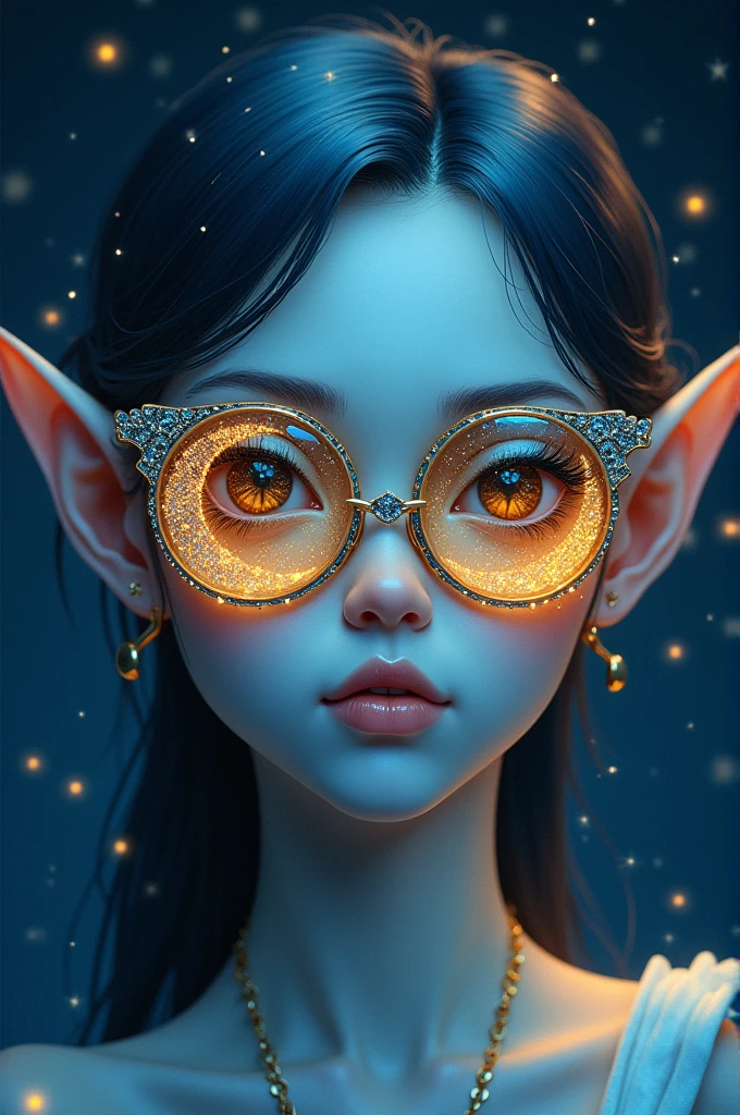 Model wearing glass sunglasses,There are stars and moon on the glass, Dark sky blue and light yellow style, Minimalist pen line, Elf, Use of precious materials, Vibrant colors, Fascinating, flash