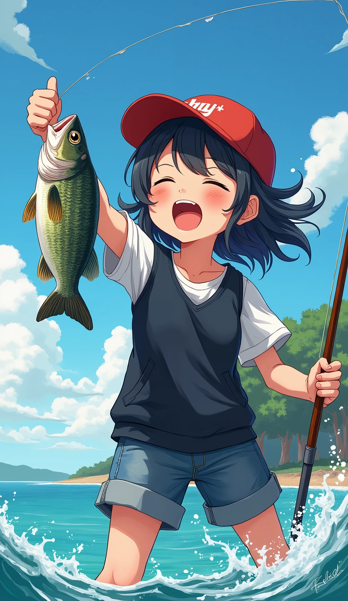 (Japanese manga:1.2),2D,detailed summary,highest quality,best picture quality,(amazingly absurd:1.2),(masterpiece:1.2),break,ultra high definition,attention to detail,high quality,high resolution,best quality,4k,8K,break,highlighting fishing rod and fish,summer breakwater,fishing girl,black vest,cap,break,closed eyes,big smiling mouth,big smile after catching a fish,angel smile,break,rod in left hand,fish in right hand