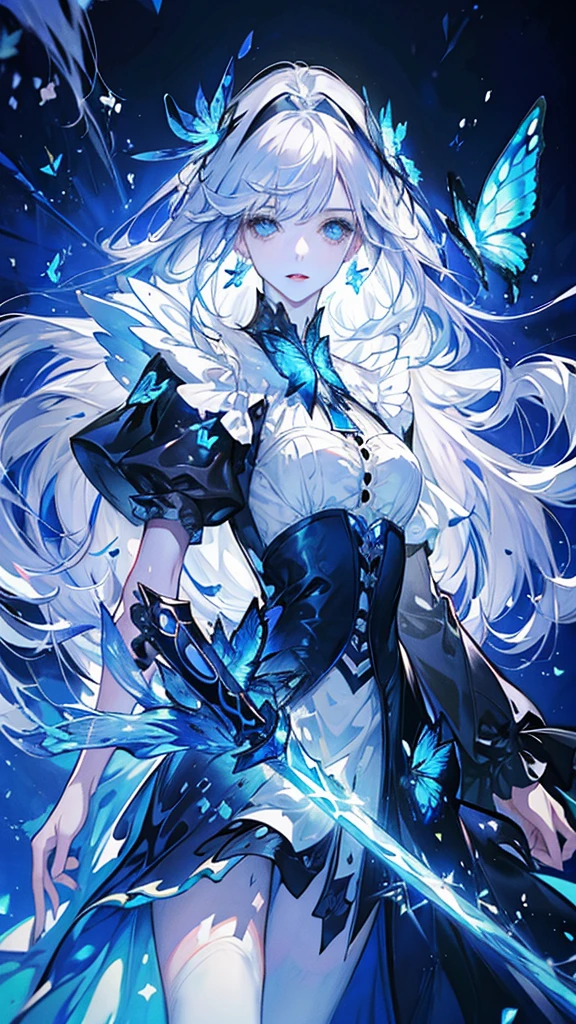 ((masterpiece, Highest quality)), Detailed face，Holy Knight，Character portrait，whole body，Perfect Body Proportions，Long legs，((Long Wavy Hair)), ，Beautiful Eyes，Fantasy Style，Black background，Very beautiful，,Expose,,Silver Hair,Blue Eyes,((Sparkling Eyes)),,Blue Gemstone Brooch,White and blue armor,A blue butterfly dances in the night sky,Black Stockings,Gorgeous Long Sword,Ready your sword