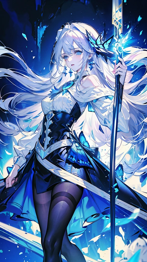 ((masterpiece, Highest quality)), Detailed face,Holy Knight,Character portrait,whole body,Perfect Body Proportions,Long legs,((Long Wavy Hair)), ,Beautiful Eyes,Fantasy Style,Black background,Very beautiful,,Expose,,Silver Hair,Blue Eyes,((Sparkling Eyes)),,Blue Gemstone Brooch,White and blue armor,A blue butterfly dances in the night sky,Black Stockings,Gorgeous Long Sword,Ready your sword