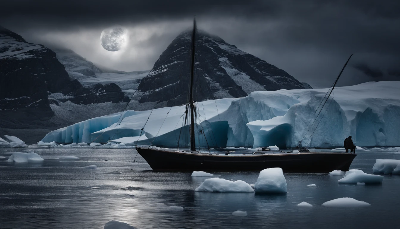 Solar eclipse over a frozen sea, many glaciers, black iceberg, storm, lonely sailboat, gloomy atmosphere, reflection, high detail and elaboration, photorealism
