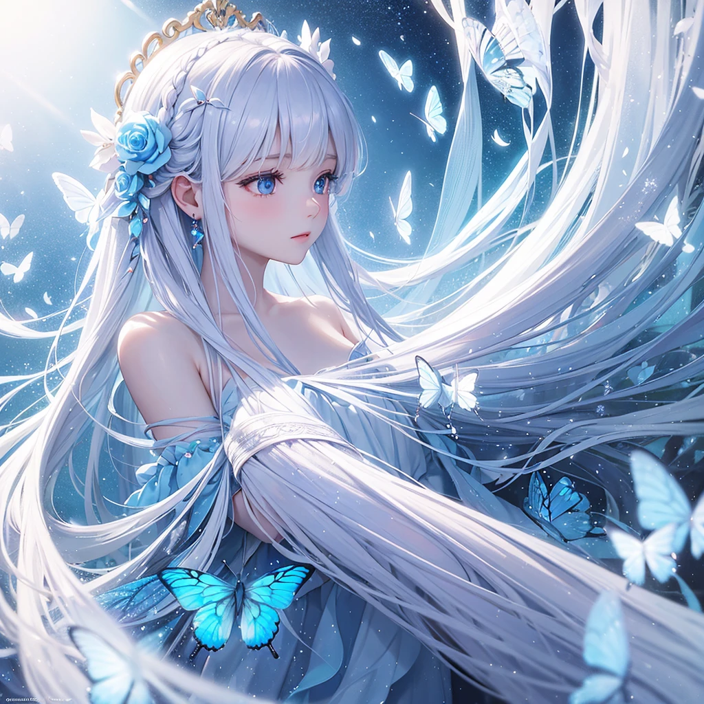 A dreamy, ethereal portrait of a young woman with long, flowing white hair adorned with colorful butterflies and delicate flowers. She gazes upward with large, enchanting eyes that shimmer with a soft glow. The background features a serene blue sky, enhancing the whimsical atmosphere. Sparkling light effects add a magical touch to the scene.