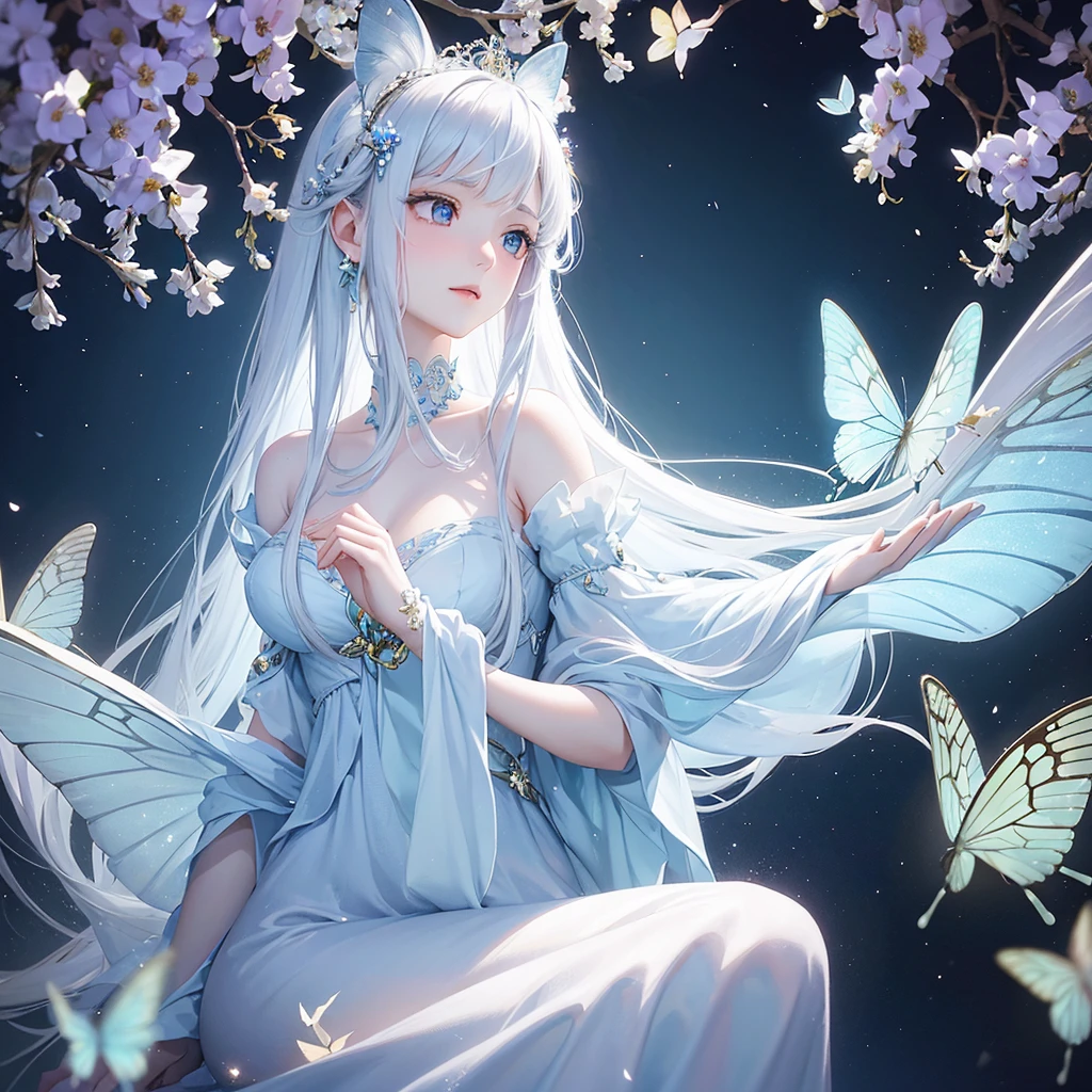 A dreamy, ethereal portrait of a young woman with long, flowing white hair adorned with colorful butterflies and delicate flowers. She gazes upward with large, enchanting eyes that shimmer with a soft glow. The background features a serene blue sky, enhancing the whimsical atmosphere. Sparkling light effects add a magical touch to the scene.