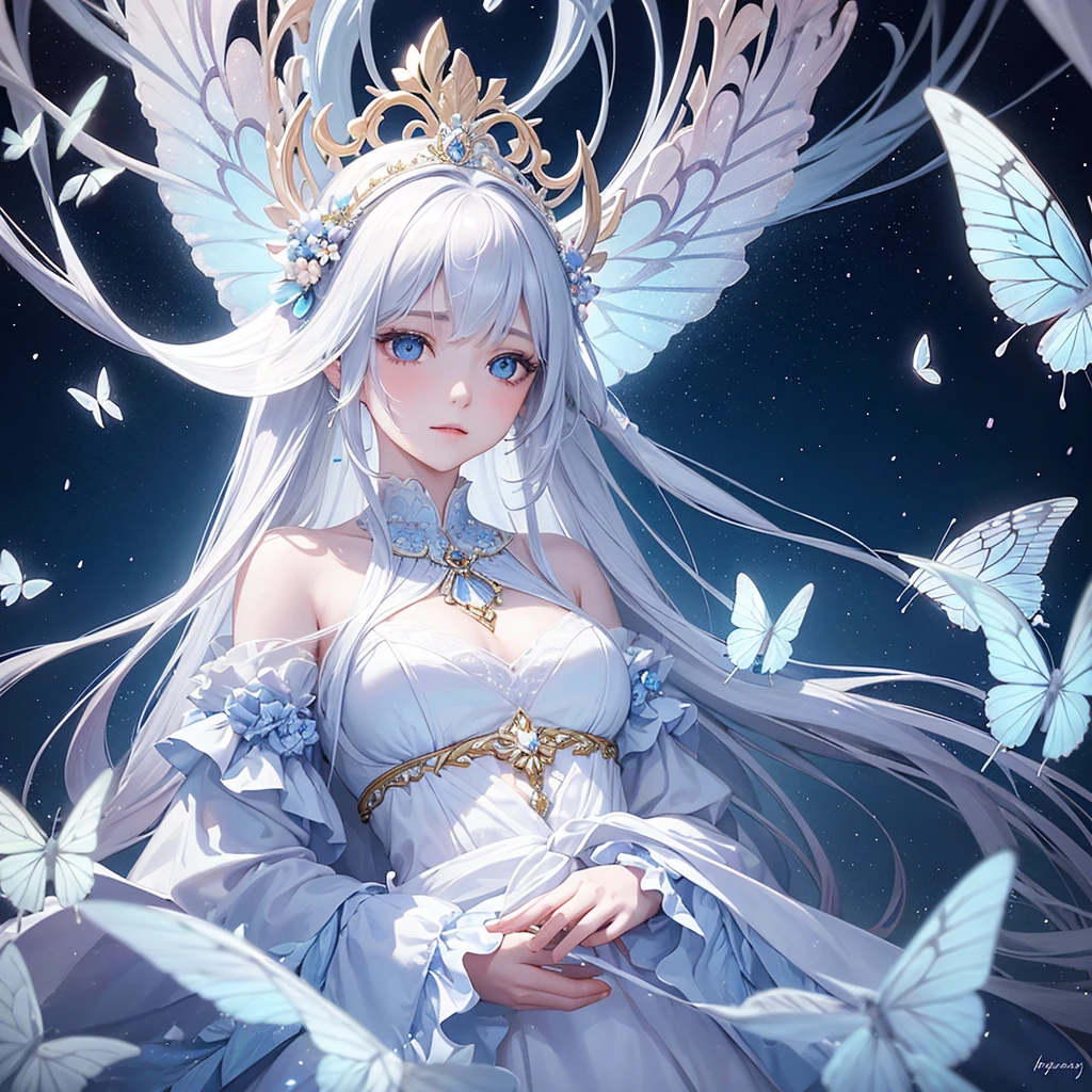 A dreamy, ethereal portrait of a young woman with long, flowing white hair adorned with colorful butterflies and delicate flowers. She gazes upward with large, enchanting eyes that shimmer with a soft glow. The background features a serene blue sky, enhancing the whimsical atmosphere. Sparkling light effects add a magical touch to the scene.