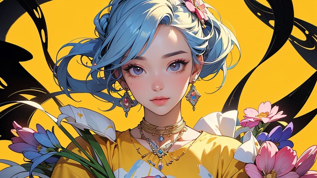 32K, 最高quality, 最高masterpiece, (ultra-Detailed Background, Detailed Background), High resolution, Super detailed, Very detailedな, 1 personの, (bouquet:1.3), (Tangled:1.2), (Geometric:1.2),(colorful),(masterpiece, quality, best quality, Official Art, Beautiful and beautiful:1.2), (1 person:1.3), Very detailed,(colorful:1.1)(Flowers:1.3),Most detailed,(Tangled:1.2), whole body, (Abstract background:1.3), (Skin glows), (Many colors:1.4), ,(Earrings Jewelry:1.5), Yellow background, It's imaginative., Milk tea colored hair, Updo,
