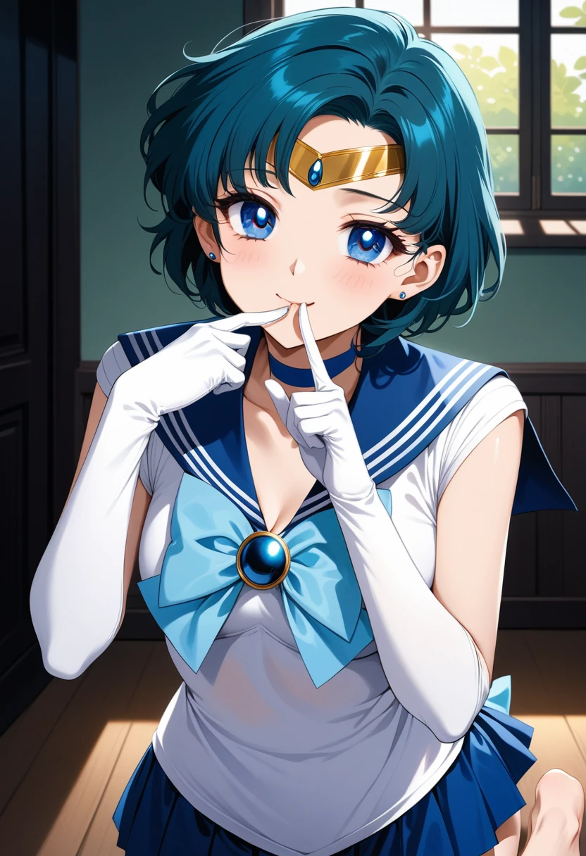 (masterpiece, Highest quality, so beautiful, Super detailed), Intricate details, 4K, mercury, short hair, Blue Hair, tiara, Earrings, blue eyes, Blue choker, Blue sailor collar, Blue bow tie, White shirt, Elbow hand pockets, White gloves, Pleated skirt, Blue Skirt, barefoot, smile, be quiet, Leaning forward, Upper Body, Put your finger to your mouth, indoor,