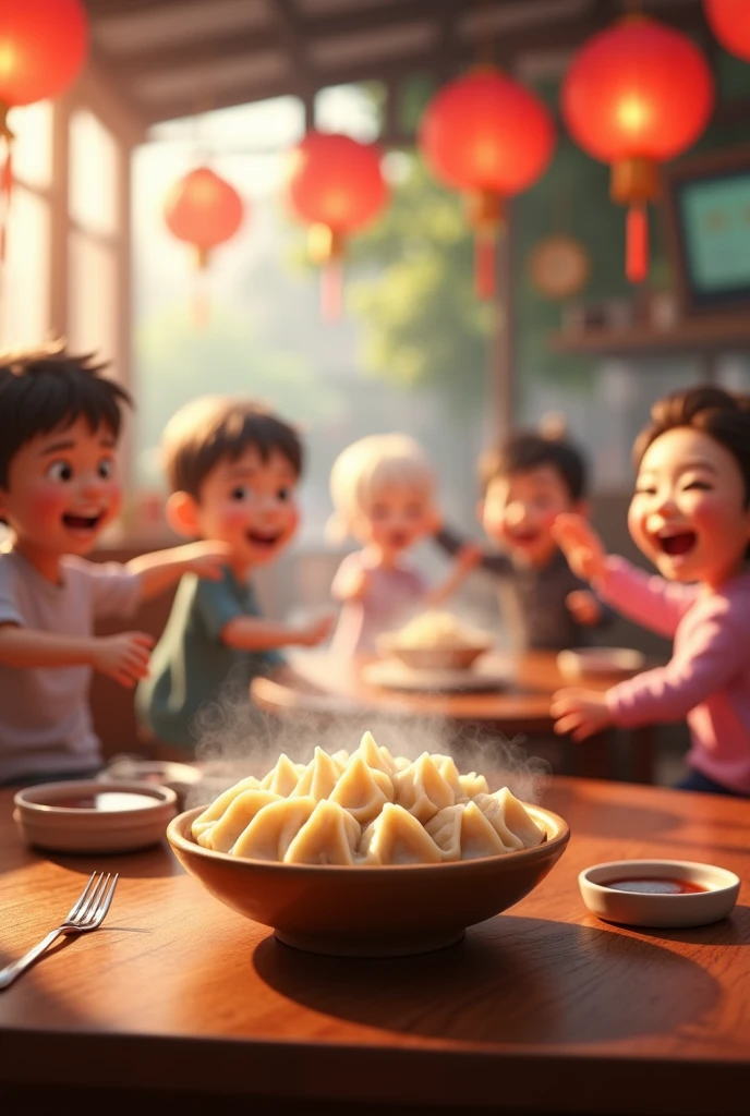 (best quality,realistic),wooden table,restaurant,dumplings,dancing,steaming,soy sauce,smiling,laughing,cute eyes
