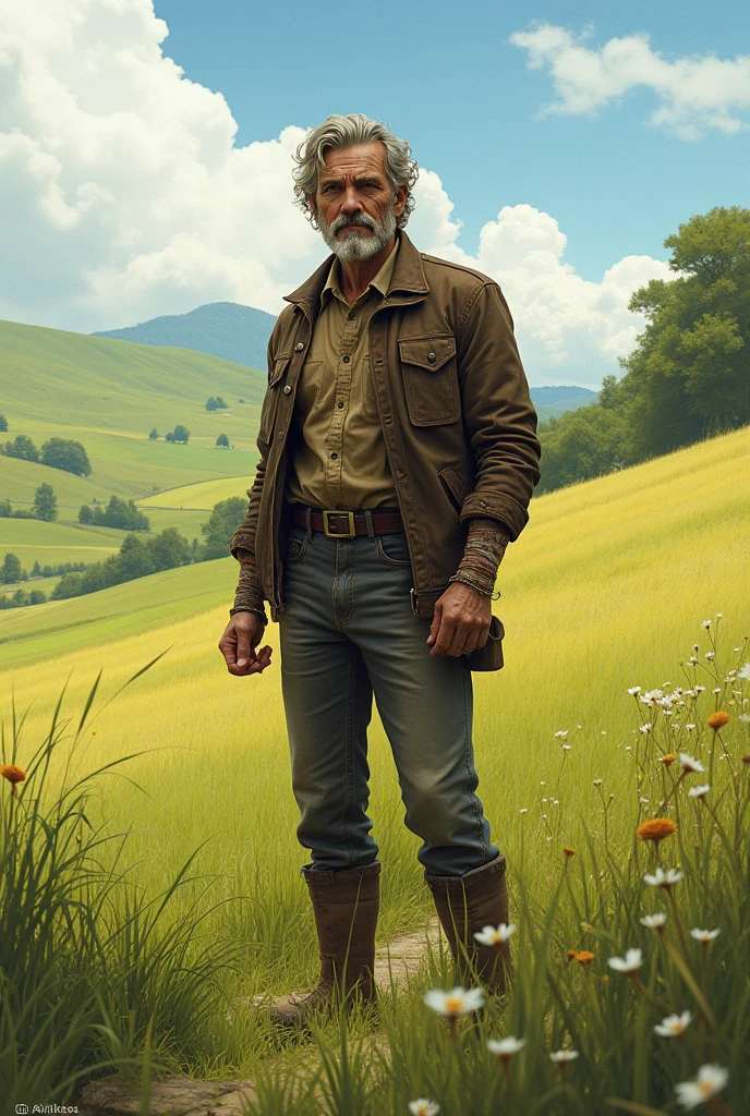 illustration, man in front field