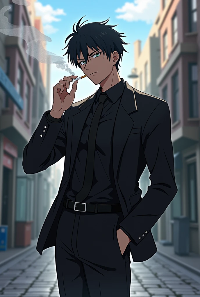 Kazuma Junto is the protagonist of the anime Kono Subarashii Sekai ni Shukufuku wo!, smoking, with black British style clothes