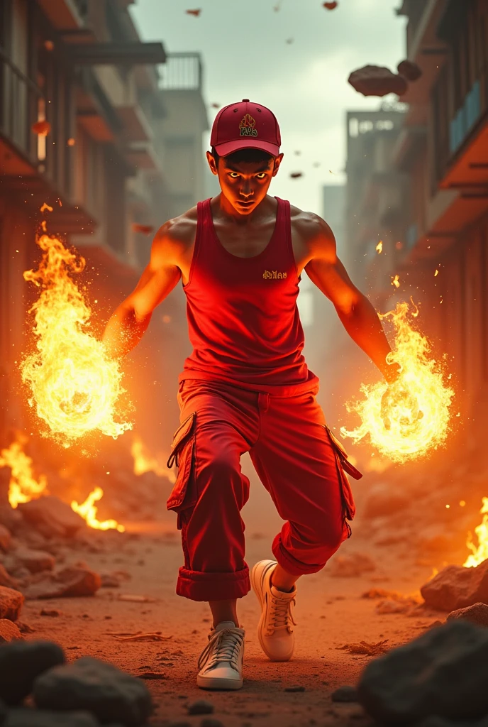 a man real age 19 year old Malaysia Indonesia.(orange eyes) Glowing eyes. Anger face. Open mouth. . wearing an (ruby red ) singlet, (ruby red) cap with small logo (flame) logo. anger face . Dramatic. ruby red singlet ,(ruby red)cargo pant,, detailed face, cinematic lighting, dramatic atmosphere,.hot day. vibrant colors, 8k, high quality, photorealistic. Hero suit. fire flame from his hand. Glowing fireblast ember element from hand, ember everywhere . Glowing hand fire , flame patern logo design on pant . Very strong. Future design dress. Very epic. Very hot background.. dark sky. Very strong . fire very strong . Flying burn dry leave everywhere.. fire ball sharp shape power from hand .rasengan . At city. Damage building. Floating small rock everywhere. kamehaha