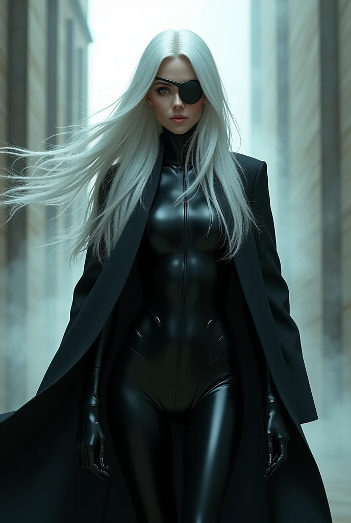 woman with long white hair, in a long black coat and latex leggings, and with an eye patch over her right eye