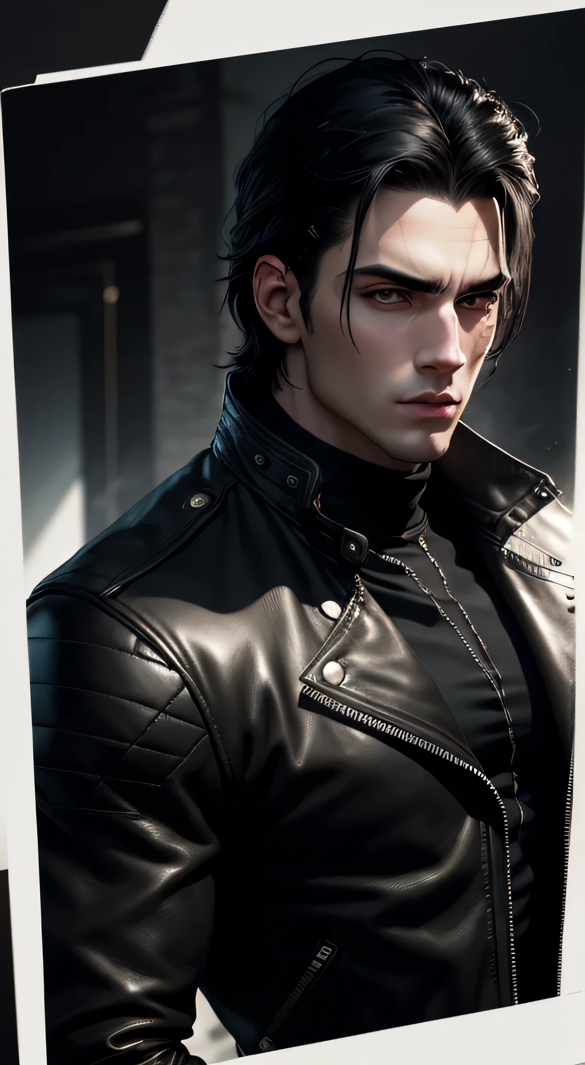 a beautiful man with black hair, black eyes, pale skin, muscular, handsome, wearing a black leather jacket, detailed facial features, realistic, photorealistic, 8k, high quality, studio lighting, cinematic, dramatic lighting, chiaroscuro, dramatic contrast, moody, atmospheric