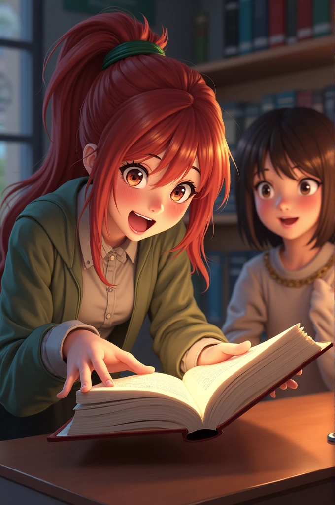 Chestnut woman, thrilled, grabbing a book, third person view, talking to another girl