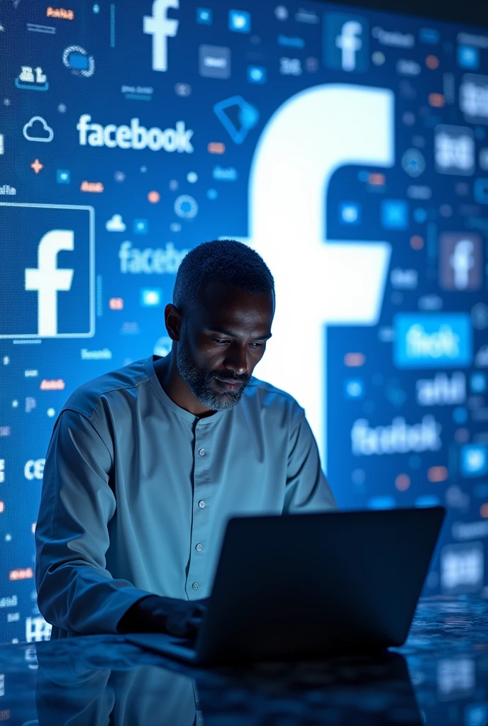 Somalia man using laptop with background Facebook digital background make four photos