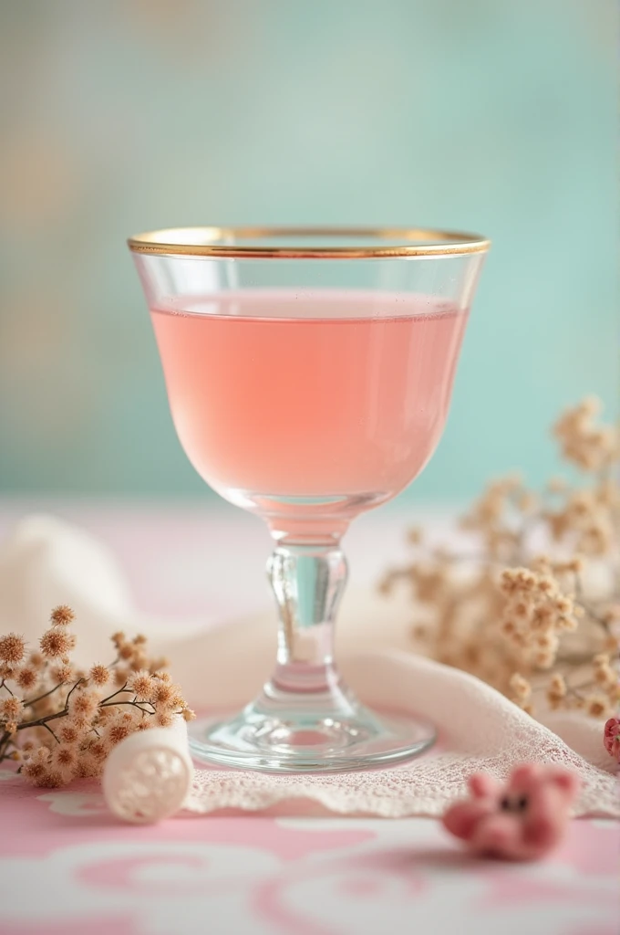 Create an image with these characteristics: An old crystal glass, slightly worn, with a pale pink liquid that looks like a "shot" of self-love.
* In the background, a blurred background with pastel colors like pink, light blue and yellow.
* the phrase "Un shot of self-love" written in a vintage typeface, with a touch of golden color.
* Details such as dried flowers or a lace ribbon could be added around the glass..