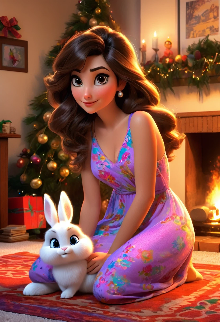 The Big Hero, Aunt Cass, (airy small colorful night gown, open, no underwear), christmas decorated living room, kneeling on a rug by the fireplace, playing with a fluffy bunny, sultry looks to viewer