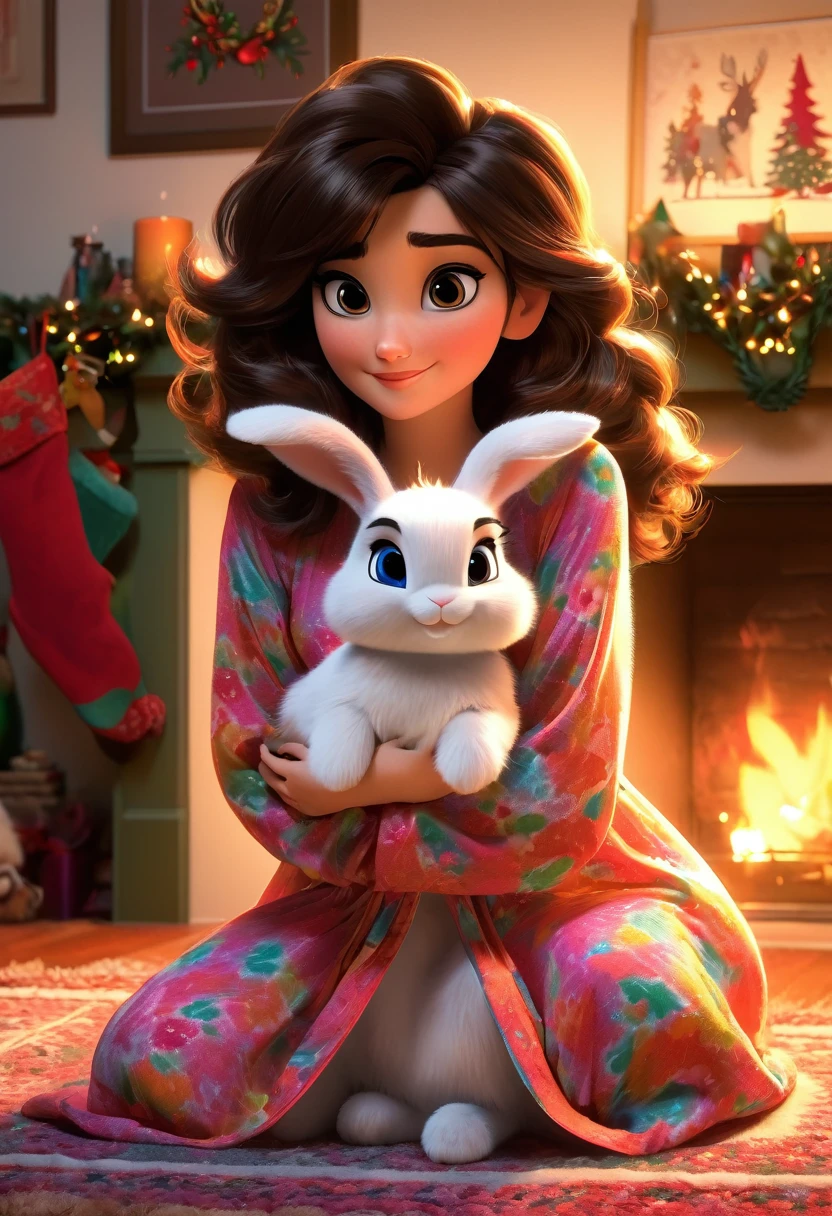 The Big Hero, Aunt Cass, (airy small colorful night gown, open, no underwear), christmas decorated living room, kneeling on a rug by the fireplace, playing with a fluffy bunny, sultry looks to viewer