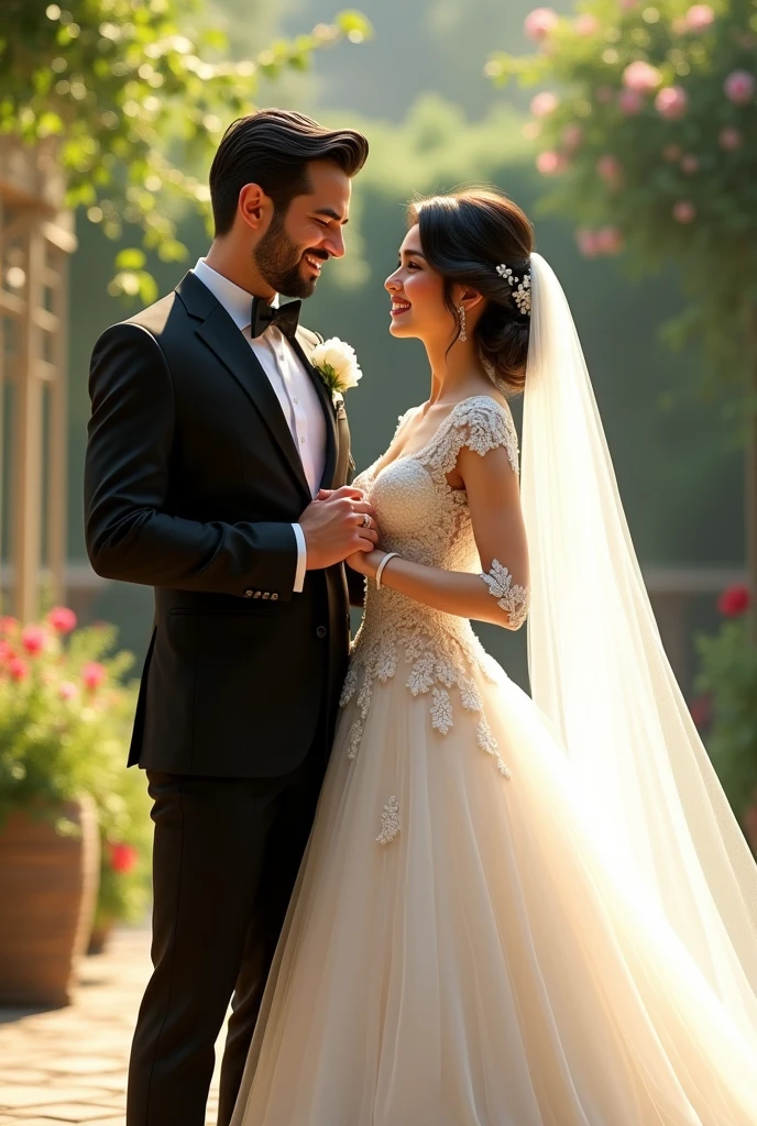 (photorealism:1.2), create a image of couple wearing marrage clothes with American design and give name husband name sadullah and wife name rejwana 
