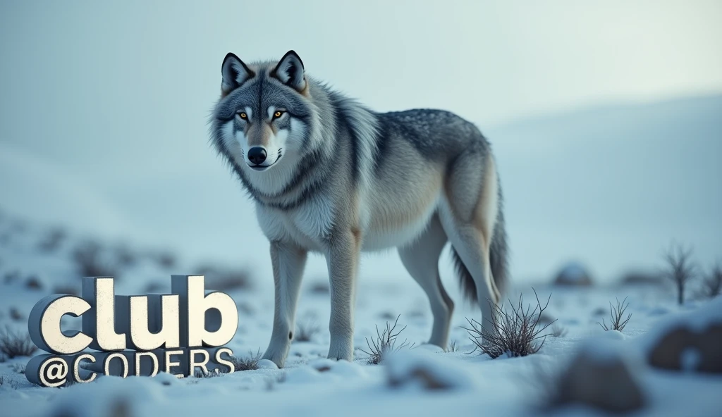 detailed alpha wolf, tundra landscape, a sign that says "Club @coders", cinematic lighting, dramatic composition, volumetric fog, muted color palette, hyper realistic, octane render, 8k, highly detailed, photorealistic. Difumina al lobo y enfoca el letrero.
