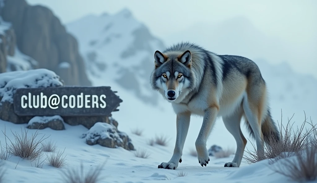 detailed alpha wolf, tundra landscape, a sign that says "Club @coders", cinematic lighting, dramatic composition, volumetric fog, muted color palette, hyper realistic, octane render, 8k, highly detailed, photorealistic. Difumina al lobo y enfoca el letrero.