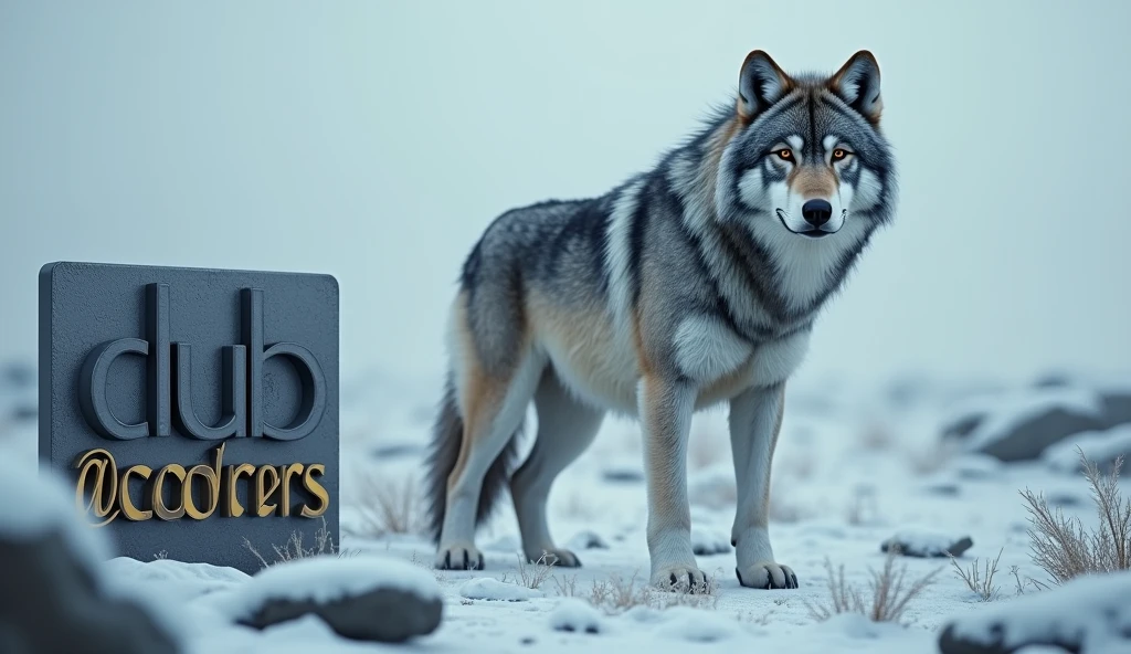 detailed alpha wolf, tundra landscape, a sign that says "Club @coders", cinematic lighting, dramatic composition, volumetric fog, muted color palette, hyper realistic, octane render, 8k, highly detailed, photorealistic. Difumina al lobo y enfoca el letrero.