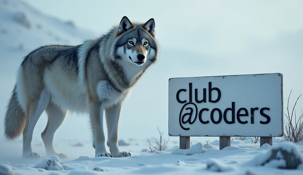 detailed alpha wolf, tundra landscape, a sign that says "Club @coders", cinematic lighting, dramatic composition, volumetric fog, muted color palette, hyper realistic, octane render, 8k, highly detailed, photorealistic. Difumina al lobo y enfoca el letrero.