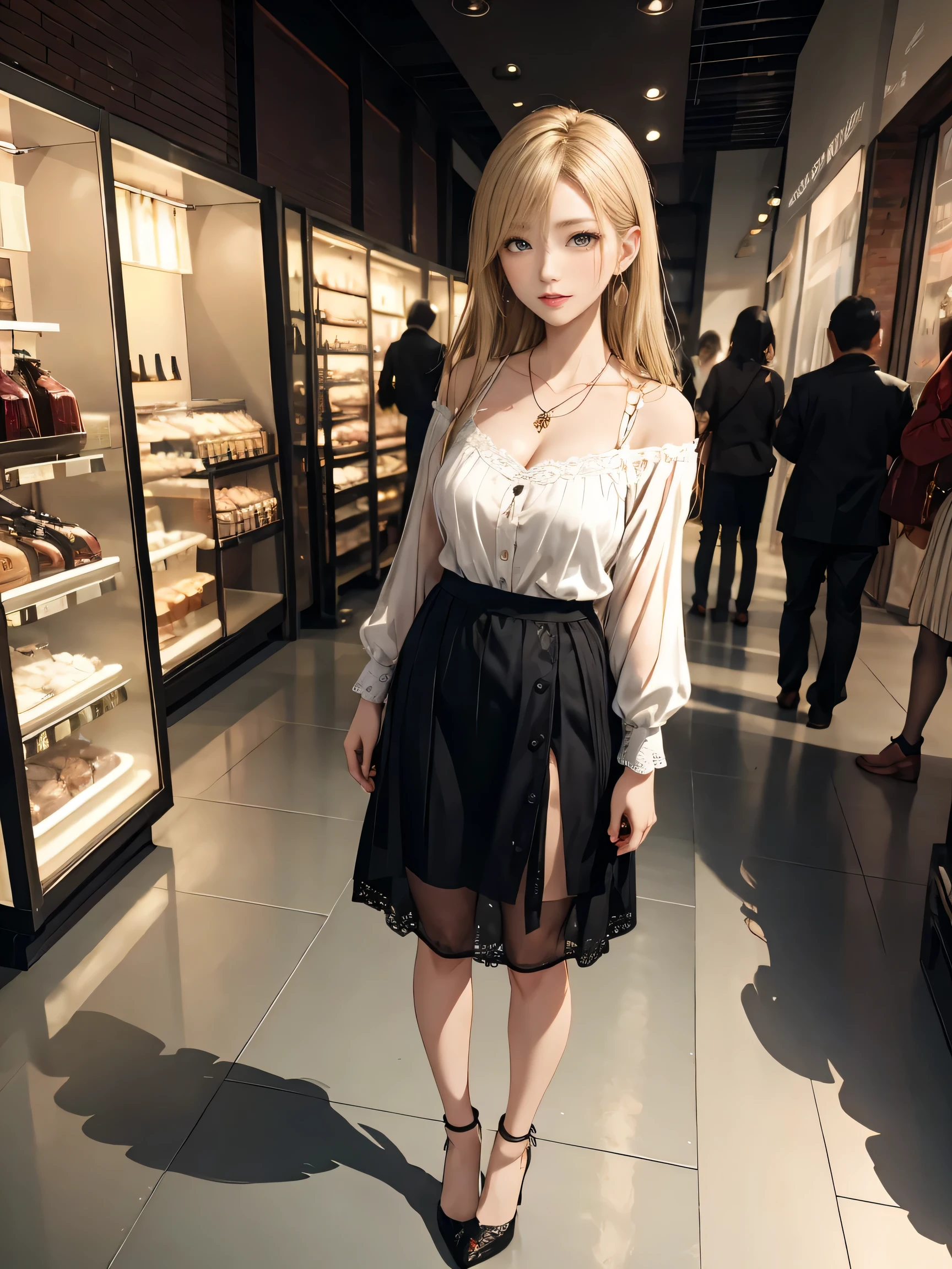 ((Biologically correct limb count))、((Full Body Shot, Full-body photo including face、Head to toe photos))、4K、(masterpiece:1.3)、((Symmetrical facial features))、Eyes of meticulous depiction、beautiful 、Excellent style、((skirt、The neckline is a lace embroidered sheer shirt.、High heels with anklets))、Detailed Description、shopping、Married Woman、sex appeal、Alluring、Handbags、Earrings、necklace、Looking up、Blonde、(male:-0.5),(multiple:-1)