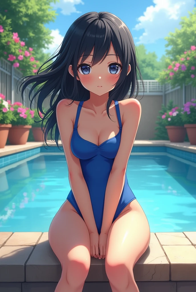 very cute and beautiful girl,(highly detailed beautiful face),(blue school swimsuit),
sitting,spread legs,looking at viewer,pool side,flowers in planters,(smile),black hair,
(best quality,masterpiece:1.0),absurdres,highres,ultra-detailed,extremely detailed,32k,
cinematic scene,detailed background,solo,dynamic angle,
hair fluttering in the wind,beautiful detailed sky,realistic,