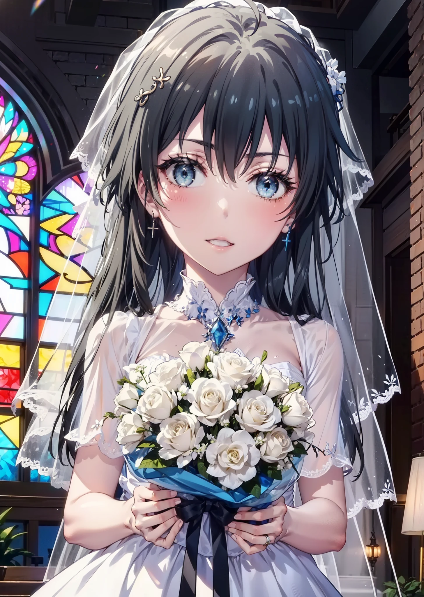 Yukino, yukino yukinoshita, Black Hair, blue eyes, semi-long,Ahoge,smile,blush,Open your mouth,White Wedding Dresses,wedding long skirt,Veil,bouquet,Holding a bouquet in both hands,Stained glass,whole bodyがイラストに入る,　　　　　　　　　　　break indoors, Chapel,Association,
break looking at viewer, whole body,(Cowboy Shot:1.5),
break (masterpiece:1.2), Highest quality, High resolution, unity 8k wallpaper, (figure:0.8), (Beautiful attention to detail:1.6), Highly detailed face, Perfect lighting, Highly detailed CG, (Perfect hands, Perfect Anatomy),