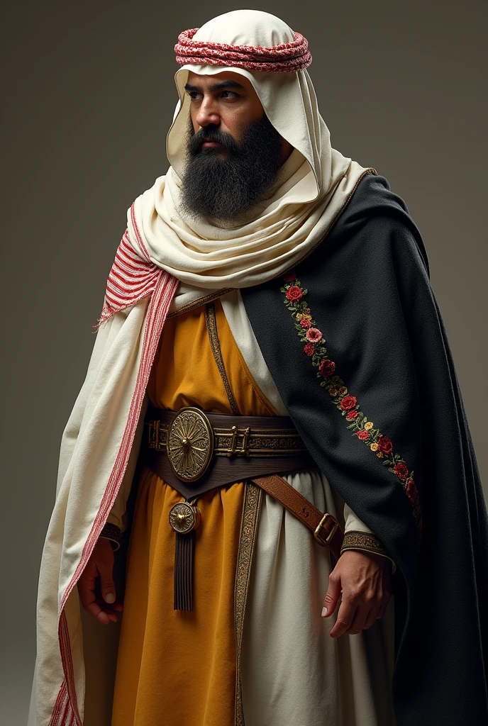 Imam (a.s) wearing a white woolen cloak and had wrapped around his shoulders red striped shawls of Qatari origin. He wore a headgear of fine cloth. wearing a yellow loincloth and was covering his shoulders with a flowery black shawl, Lighten face, pov back, warrior posture, cool, do not show his face