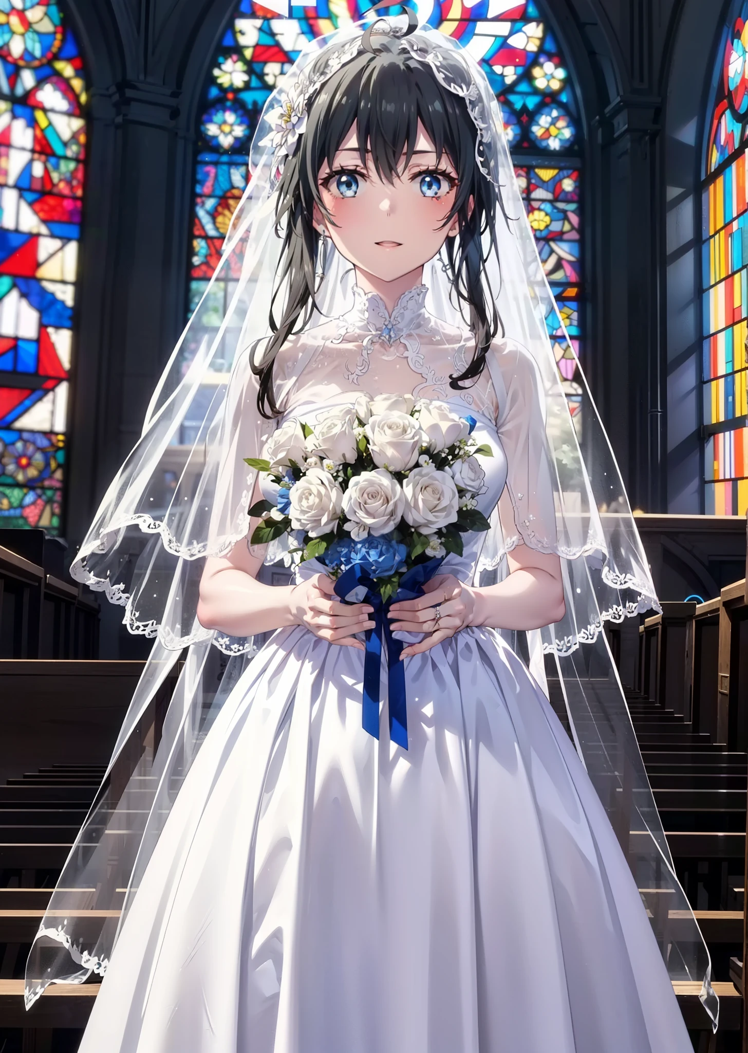 Yukino, yukino yukinoshita, Black Hair, blue eyes, semi-long,Ahoge,smile,blush,Open your mouth,White Wedding Dresses,wedding long skirt,Veil,bouquet,Holding a bouquet in both hands,Stained glass,whole bodyがイラストに入る,　　　　　　　　　　　break indoors, Chapel,Association,
break looking at viewer, whole body,(Cowboy Shot:1.5),
break (masterpiece:1.2), Highest quality, High resolution, unity 8k wallpaper, (figure:0.8), (Beautiful attention to detail:1.6), Highly detailed face, Perfect lighting, Highly detailed CG, (Perfect hands, Perfect Anatomy),