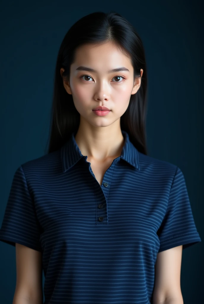 Front view of a serious light black-haired 20-year-old Thai beautiful girl beautiful face white body with a tight slicked back medium-length ponytail, wearing a polo shirt with a navy blue stripe running along the collar, dark blue backdrop.