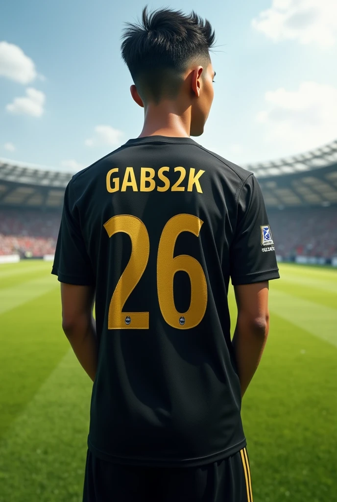 (photorealism) 16 year old Indonesian male ,haircut (short slicked back),Thin and short body (short) ,wearing a black jersey on the football field ,facing back ,dengan nomor punggung 26 gold color,Nameset (Gabs2K ) gold color ,