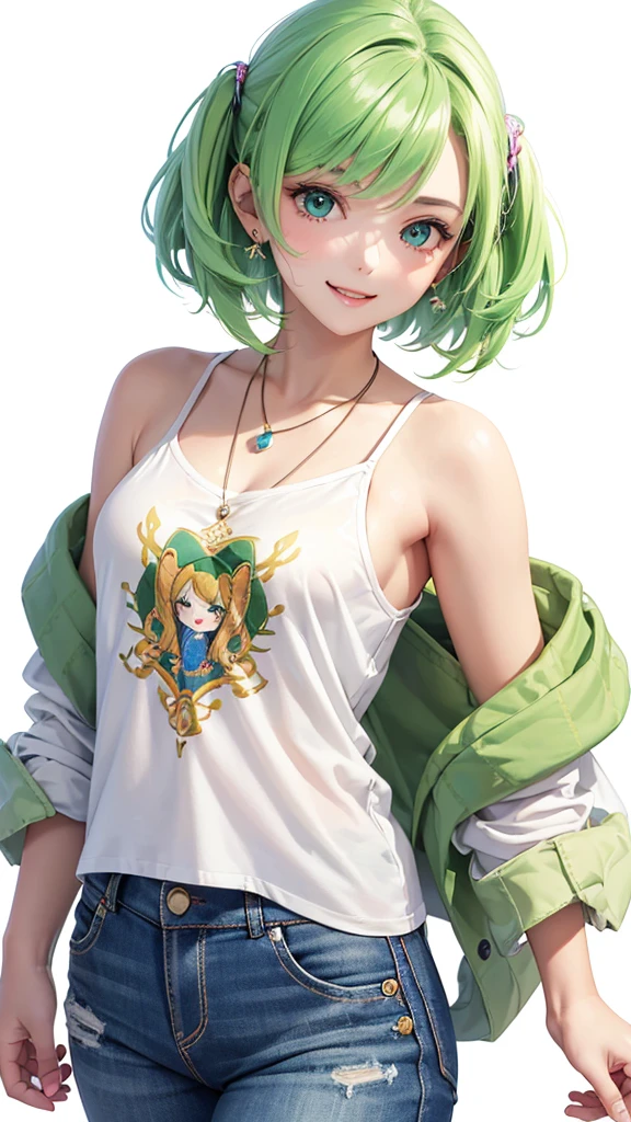 Best Quality,High resolution,8k,(plain white background, no patterns, no textures, just a plain white background:1.3),Masterpiece:1.2),beautiful girl,Shiny green hair,messy hair,Green Eyes,oversized graphic tee with a cheerful design, paired with pre-ripped jeans, colorful cotton fabric with a subtle pattern, casual sneakers with a pop of color, Accessories include a playful pendant necklace and colorful stud earrings,Gentle look,A refreshing look,smile,Best quality,Best Quality,Aesthetic and aesthetic:1.2,Best details((Super detailed))(High-definition CG illustrations),Slender body,smile,blush,cute,Scrounge,Looking up,Being spoiled,super model