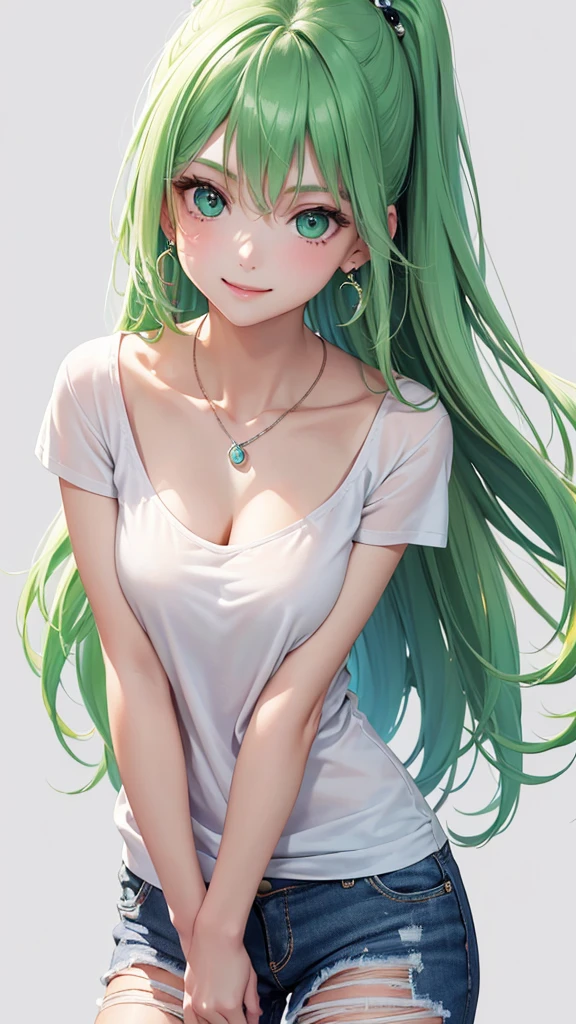 Best Quality,High resolution,8k,(plain white background, no patterns, no textures, just a plain white background:1.3),Masterpiece:1.2),beautiful girl,Shiny green hair,messy hair,Green Eyes,oversized graphic tee with a cheerful design, paired with pre-ripped jeans, colorful cotton fabric with a subtle pattern, casual sneakers with a pop of color, Accessories include a playful pendant necklace and colorful stud earrings,Gentle look,A refreshing look,smile,Best quality,Best Quality,Aesthetic and aesthetic:1.2,Best details((Super detailed))(High-definition CG illustrations),Slender body,smile,blush,cute,Scrounge,Looking up,Being spoiled,super model