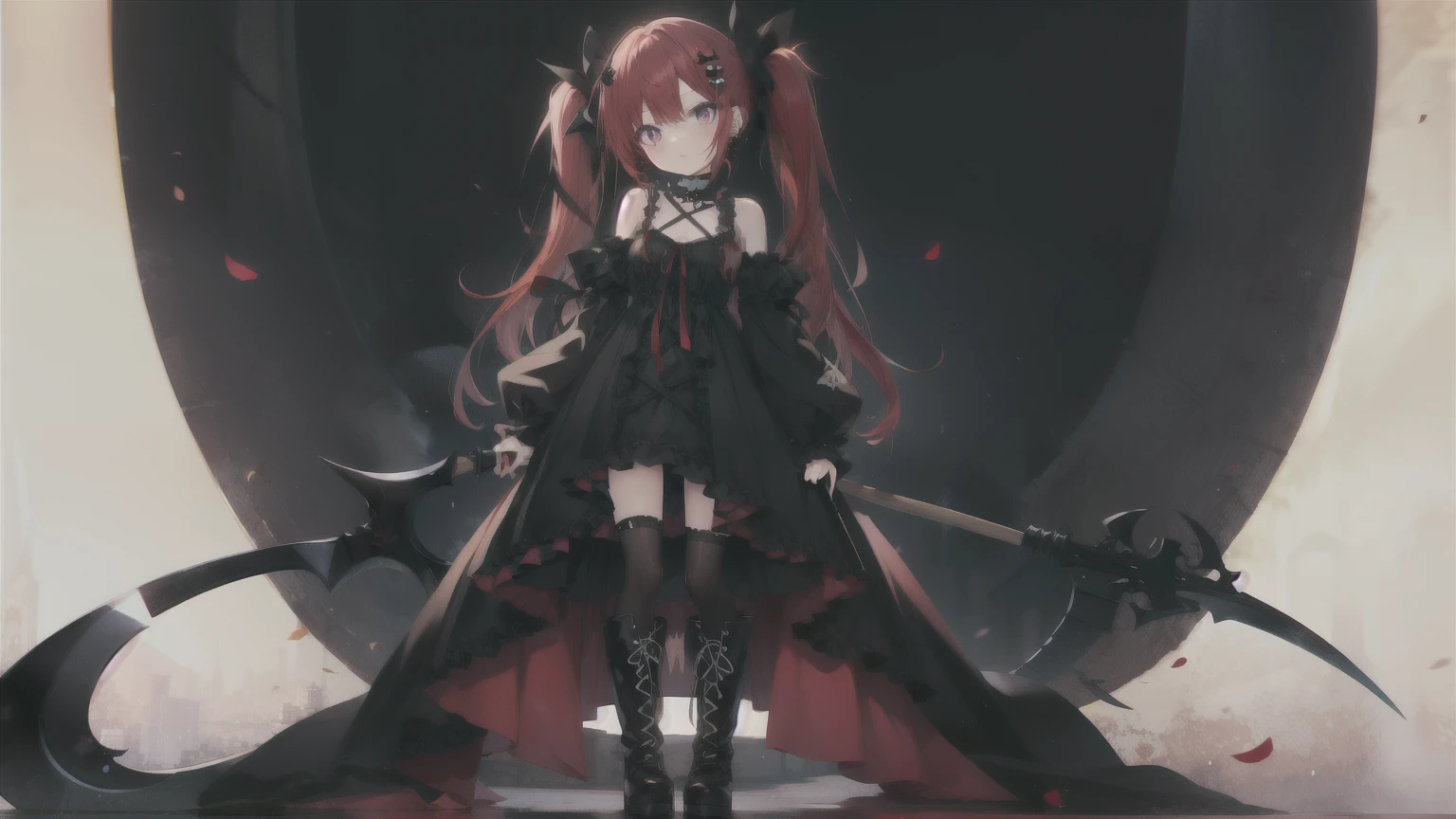 Red hair。elongated twin tails。Red piercing eyes。
Gothic Dress。Scythe。Black long boots