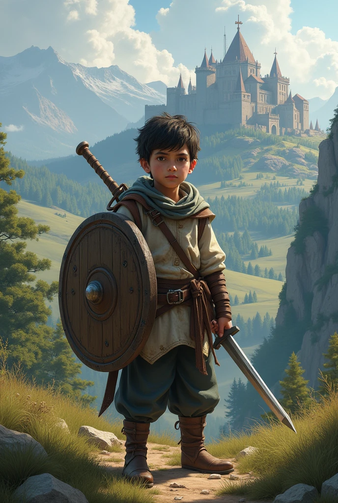Video game character in medieval times young adventurer with a not very decent sword and a wooden shield