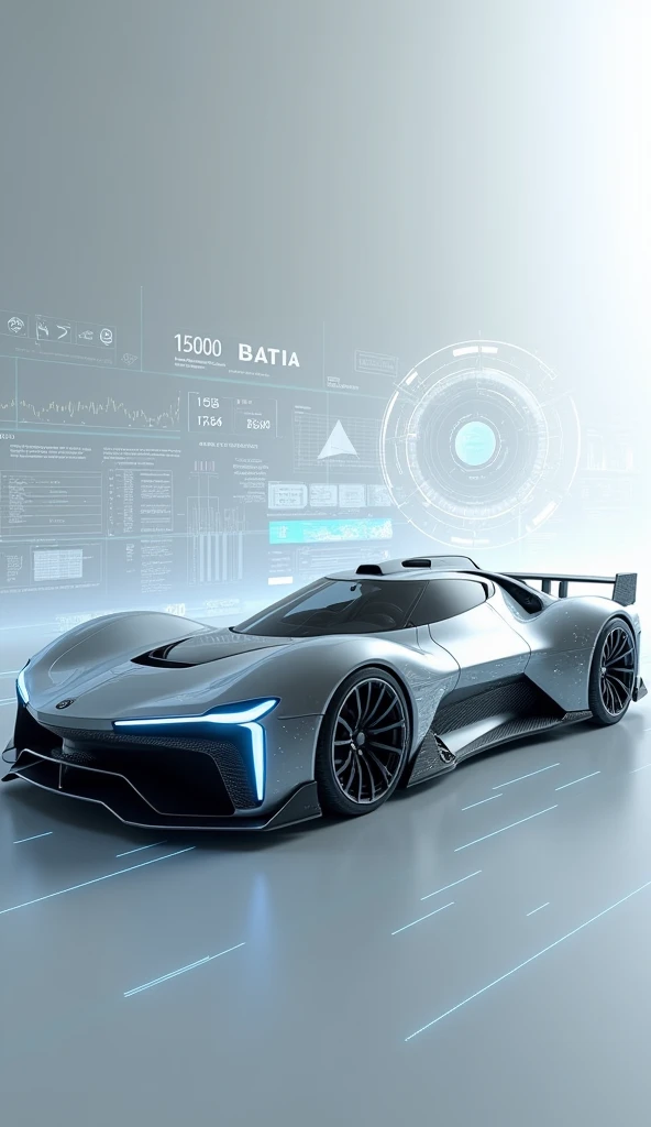 augmented reality view, augmented reality overlay interface, transparent data screens, floating information panels, High-tech HUD elements, full field of view, elegant futuristic sports car, Aerodynamic Design,advanced LED lighting, holographic wheels, metallic finish, cutting-edge technology, Simple gray background, ultramodern style, aggressive posture, clean lines, Innovative materials, Formula 1.