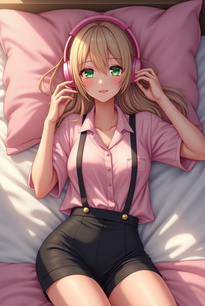 Realistic woman, Tez blanca, blonde with pink tips for green eyes, This one is lying on a pink and white bed that looks comfortable, She has pale pink headphones and pale pink suspender shirt pajamas and tight black shorts.. The woman is of medium build, not so big bust and has a smile.