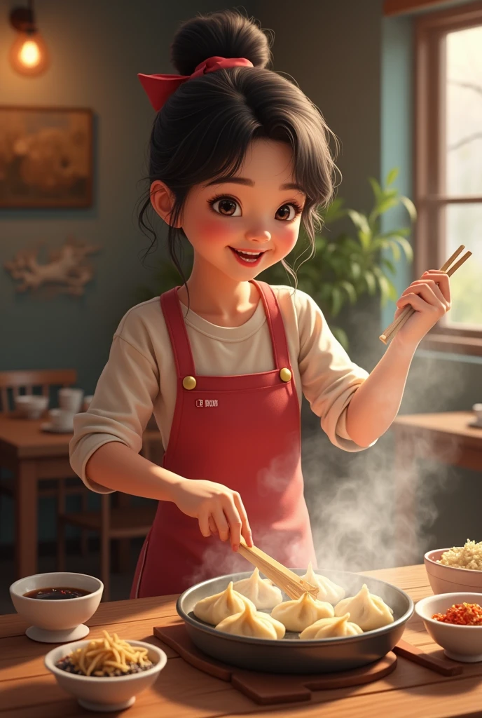 (best quality,realistic),1 pretty arabic inuit girl 18yo, cooking,wooden table,restaurant,dumplings,dancing,steaming,soy sauce,smiling,laughing,cute eyes
