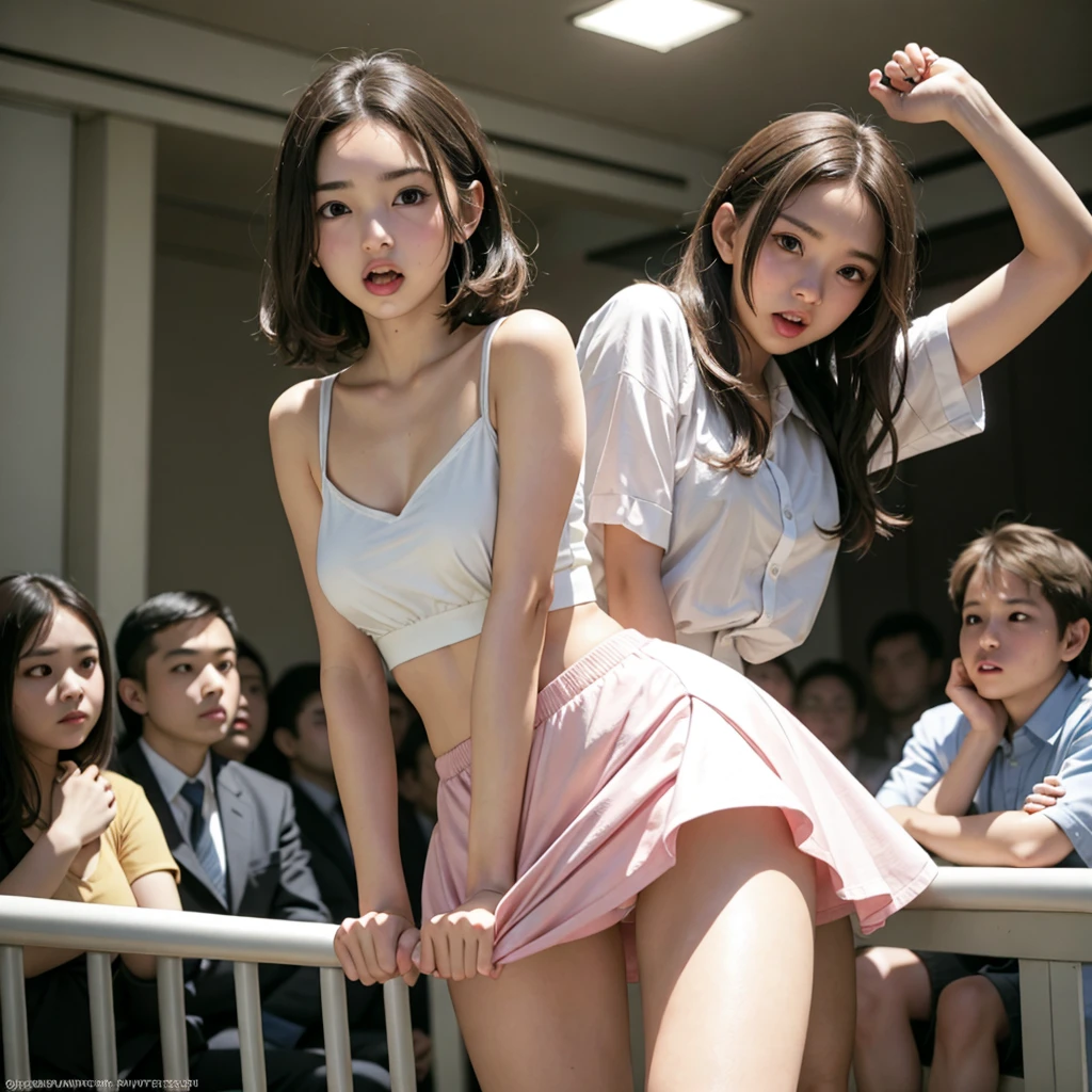 Beautiful and innocent high school girl, Innocent face, Running away in sexy underwear, Screaming with her mouth open in shame at being seen, The viewers stare at her in surprise and embarrassment., Attracting the attention of the audience, Shopping mall,Beautiful brown bob hair, Increased sensitivity, Beautiful Eyes, Ultra high definition, Clear white skin, Slender body, Japanese, Anatomically correct