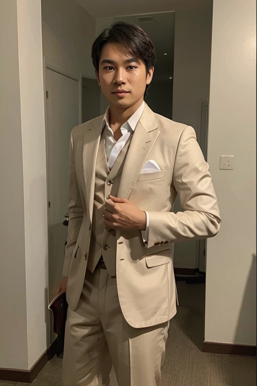 generate a picture of a rich asian wearing asemi-formal attire for an event with a minimal background ((whole body))