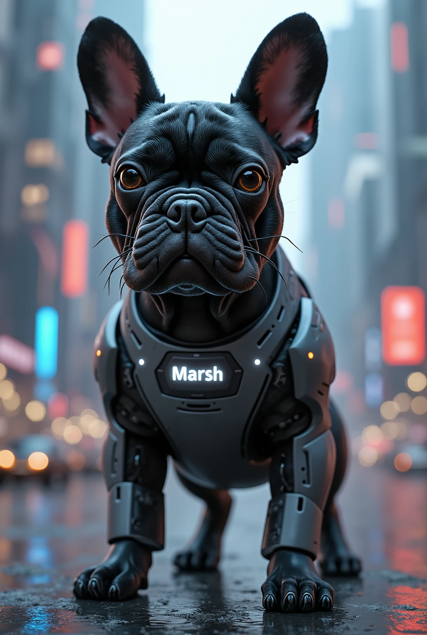 a technological french bulldog with the digital name marsh
