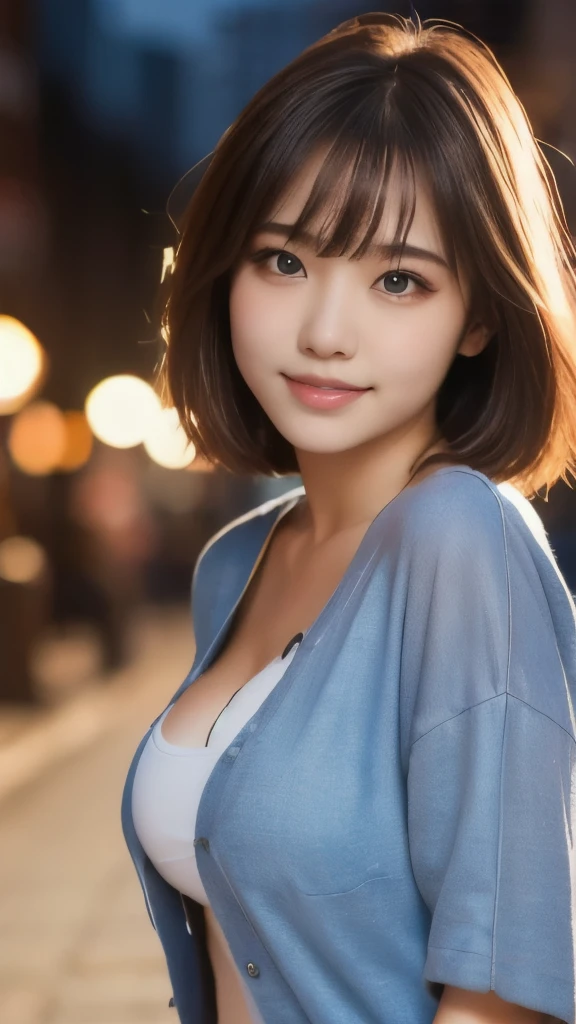 8k,Highest quality,(masterpiece:1.2),(Realistic),(Realistic:1.37),Ultra-high resolution,1 female college student,city,smile,Beautiful Eyes,(((casual, Trendy clothes))),Big Breasts,Perfect body,Perfect Fingers,Professional Lighting,gravure,Detailed face and skin texture,fine grain,RAW Photos