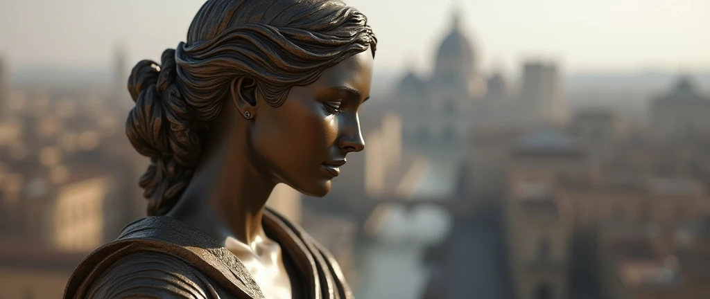 the face and shoulders of a muse with closed eyes, roman robes, the city of Rome in the background, infinite background, hyperrealistic bronze sculpture