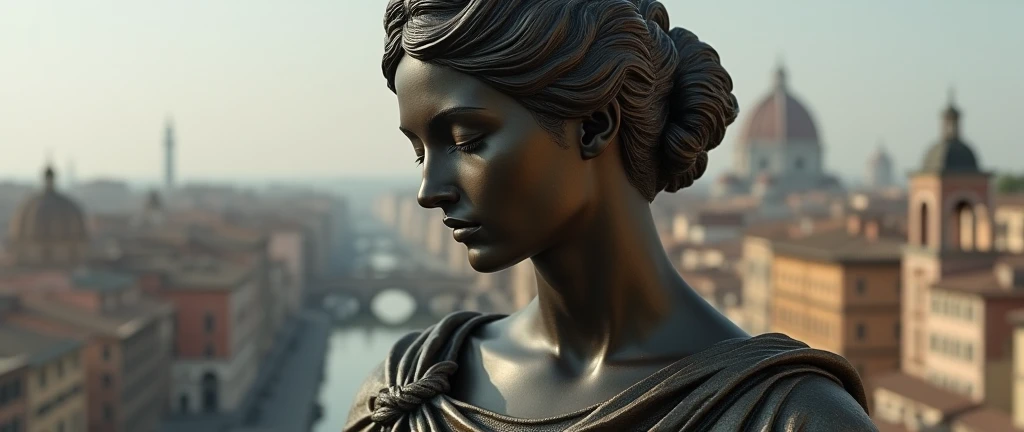 the face and shoulders of a muse with closed eyes, roman robes, the city of Rome in the background, infinite background, hyperrealistic bronze sculpture