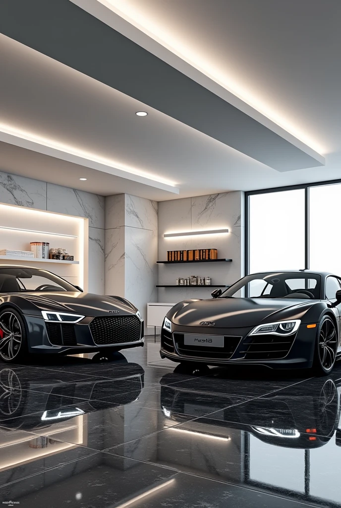 generates an image of a garage with a black marble floor, White light, white marble walls and a porsche 911 carrera and an audi r8, tool boxes, bookshelf