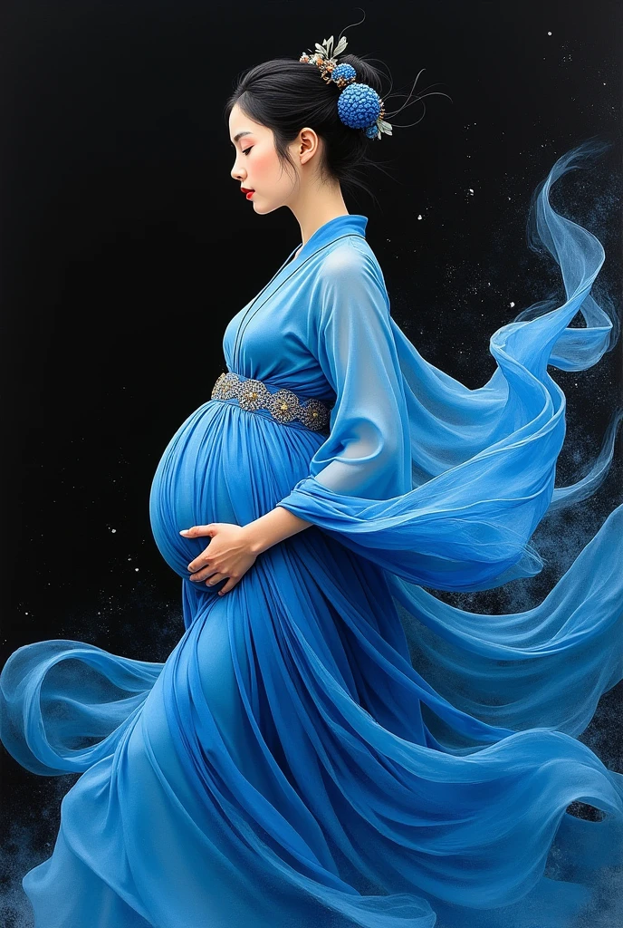 Ancient pregnant beauty with expression,Busy,The artwork is created with gouache on paper, with bold sky blue colors and patterns reflecting the artist's unique artistic vision. It combines deep blue shades, creating a compelling visual experience. This work depicts an elegant figure on a black background, adding depth to the entire work,New China,Color curve,Exquisite Han Dynasty chiffon dress,High-speed motion blur
