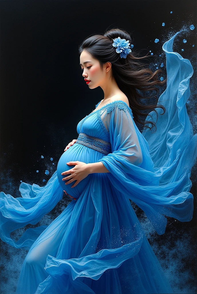 Ancient pregnant  beauty with expression，Busy，The artwork is created with gouache on paper, with bold sky blue colors and patterns reflecting the artist's unique artistic vision. It combines deep blue shades, creating a compelling visual experience. This work depicts an elegant figure on a black background, adding depth to the entire work，New China，Color curve，Exquisite Han Dynasty chiffon dress，High-speed motion blur